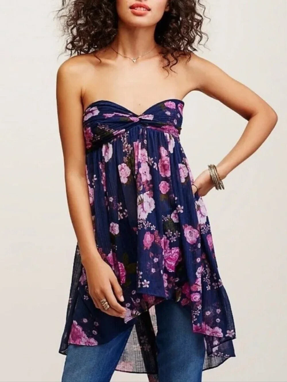 Free People Mirage Flowy Tube Top Tunic Blue Floral